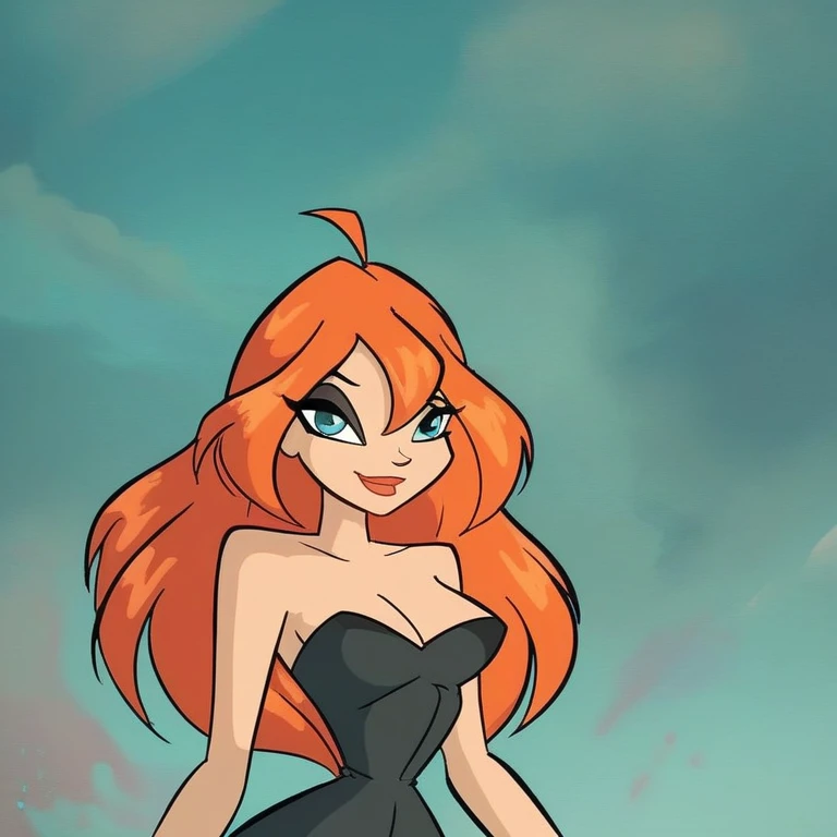 bl_oom, 1girl, ginger hair, blue eyes, looking at viewer, smiling, black makeup, black corset, strapless, big Breasts, naked shoulders, simple background, portrait, head to stomach shot, (extreme detail 2.0), score_9, score_8_up, score_7_up,