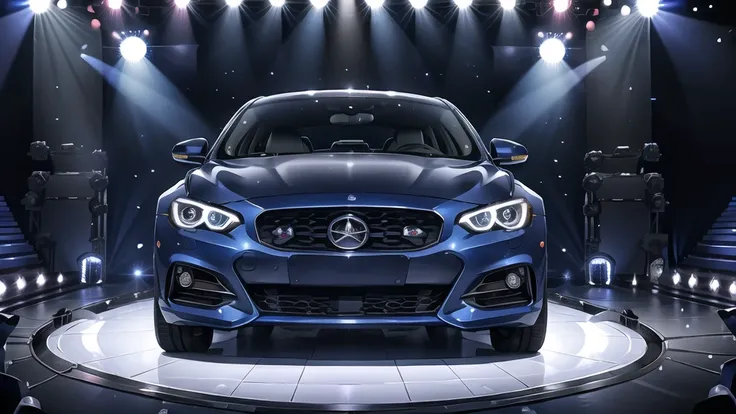 Navy blue car, front (stage:1.4),