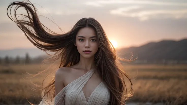 envision a radiant woman graced with luxuriously long hair, elegantly attired in a cocktail dress. her locks are not merely long...