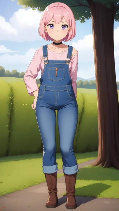 , sad, farm backround, full body, looking at viewer, 1girl, solo, short pink hair, (dark blue choker), (dark blue denim overalls...