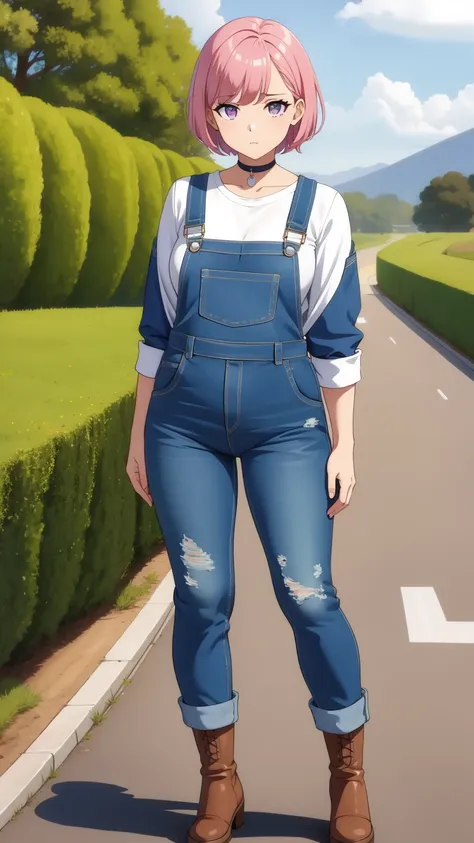 , sad, farm backround, full body, looking at viewer, 1girl, solo, short pink hair, (dark blue choker), (dark blue denim overalls...