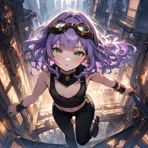 a masterpiece, beautiful eyes, a beautiful face, beautiful depiction, details, solid blue steampunk.Skyscrapers background, ultra detailed, 8K, pale-purple hair, a dynamic angle from above, wavy hair blowing in the wind, blunt bangs hair, black and green e...