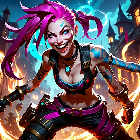 jinx from league of legends in an action pose with a maniacal grin