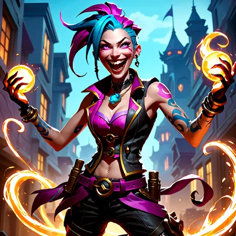 jinx from league of legends in an action pose with a maniacal grin