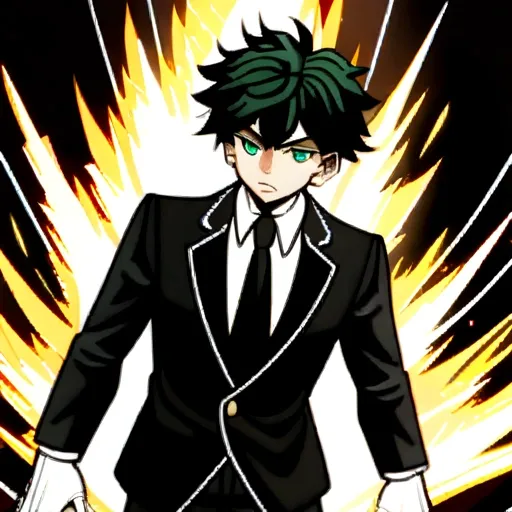 13 year old boy with black messy hair and green eyes wearing white gloves and black mafioso suit