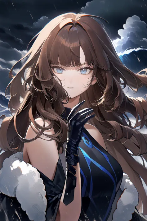 1 girl, CuteStyle, looking at the viewer, blue eyes, brown hair, long hair with bangs, upper body, dressed in a long black dress with separate short sleeves, fur jacket, high black gloves, bare shoulders, outside, cloudy, clouds, black clouds, strong wind,...