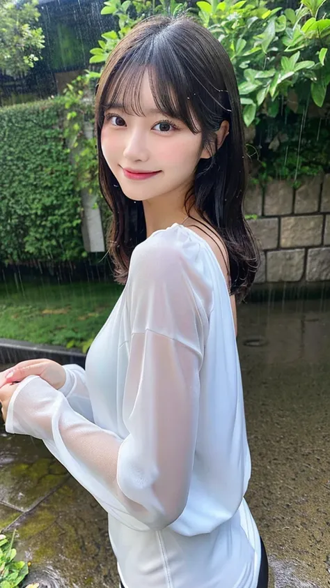 Ultra-high resolution,Very detailed,Highest quality,One Girl,Japanese women, smile, Voluptuous bust,Perfect body, The sides of the bust are visible,A girl is getting caught in the rain,Tight clothing,Wet skin,The clothing is shiny,Your clothes are wet and ...