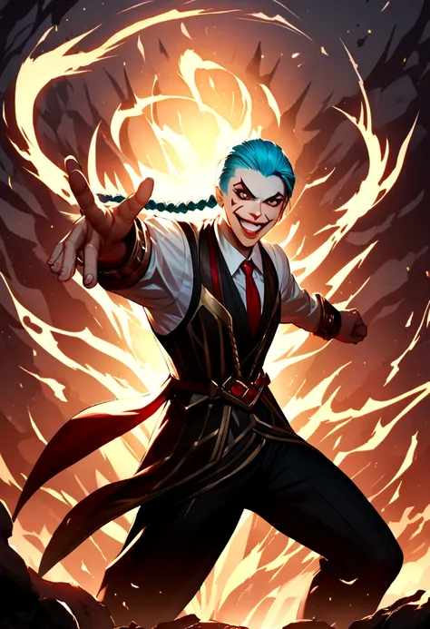 jinx from league of legends in an action pose with a maniacal grin