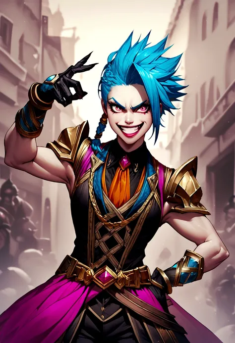 jinx from league of legends in an action pose with a maniacal grin