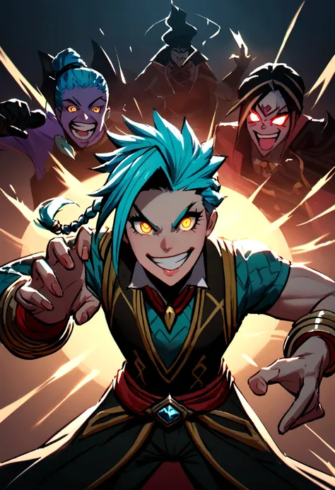 jinx from league of legends in an action pose with a maniacal grin