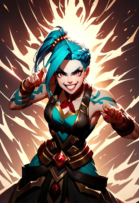 jinx from league of legends in an action pose with a maniacal grin