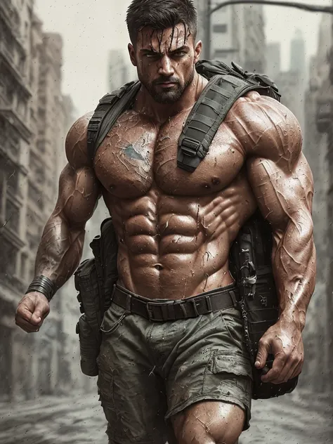 strong muscular man, street angry, backpack, epic realistic, photo, faded, complex stuff around, intricate background, soaking wet, neutral colors, ((((hdr)))), ((((muted colors)))), intricate scene, artstation, intricate details, vignette