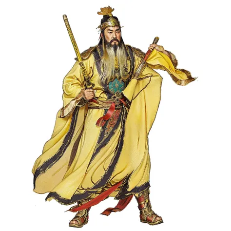 an ancient chinese man in a yellow robe holding a metal whip, guan yu, taoist priest, daoist, taoist master, a commander flag, w...