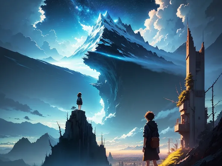 make an image inspired by Makoto Shinkais concept art style, magical realism, beautiful anime scenes, beautiful skies, a mountain broken in half, with thorns coming out of the crack, anime backgrounds, Makoto Shinkai style, anime movie backgrounds , galaxy...