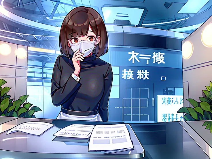 news studio, (((no face office lady))), brown hair, bob cut, upper body, leading news, small wipe of park, detailed news program...