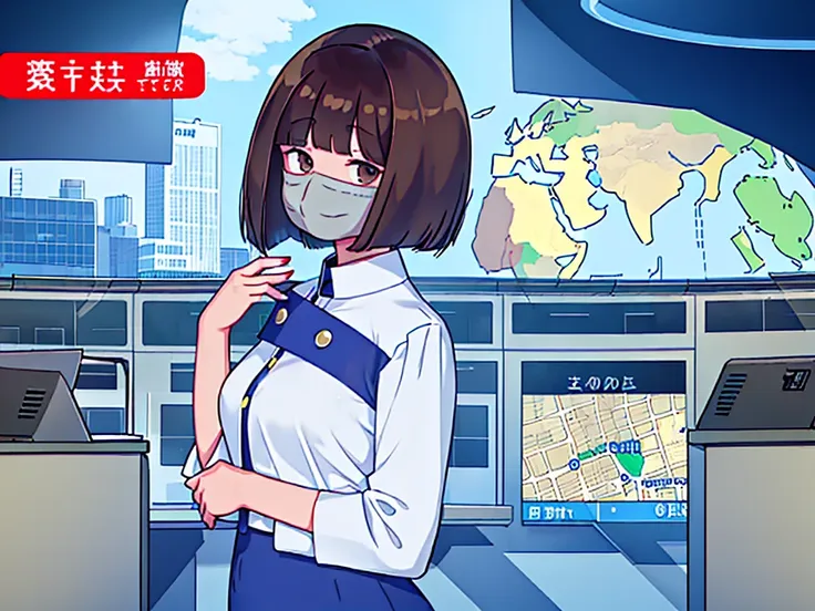 news studio, (((no face office lady))), brown hair, bob cut, upper body, leading news, small wipe of park, detailed news program...