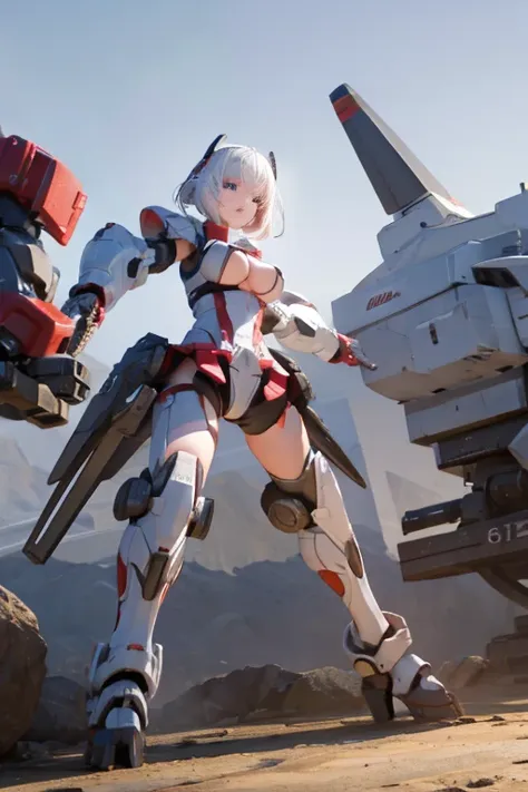 white hair girl,　fighting stance, with extremely large robotic hands