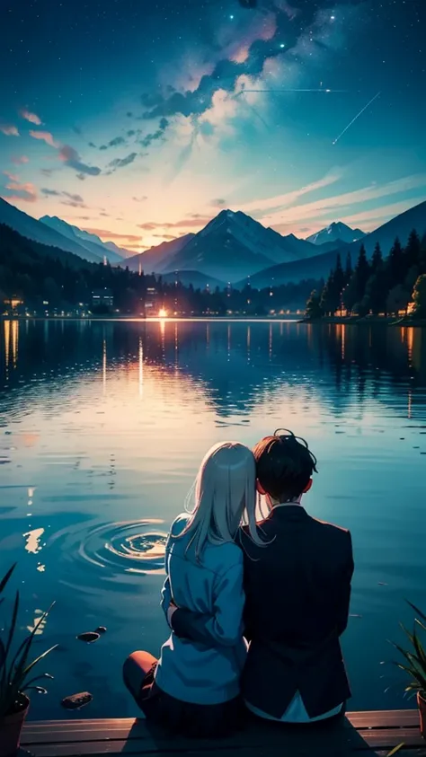 a man and woman sitting near a lake and smoking weed, woman put her head on mans shoulder and both of them watching stars at night near the lake, love, a city behind the lake at some distance, hd