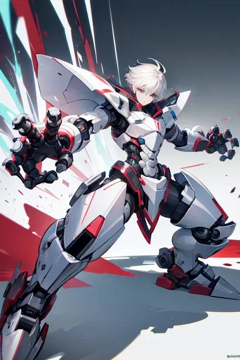 white-haired ,　fighting stance, with two extremely large robotic hands