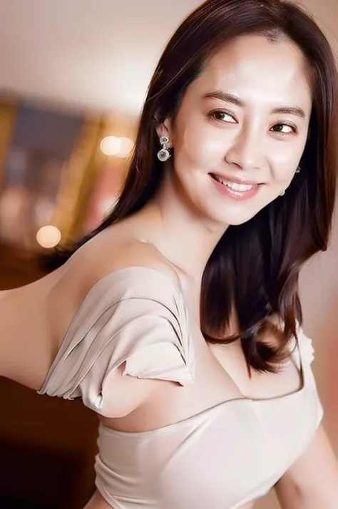 a woman,  jihyo, jihyo \(runningman\), smile, upper body, looking at viewer, dress, earrings, 
indoors, depth of field, 
masterp...