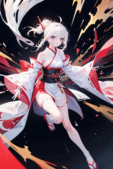 white-haired girl in a kimono,　fighting stance, float two hugege robotic armhands around her