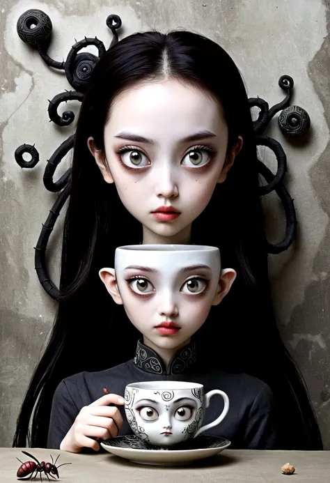 a young satanichia karimizhi, with her enormous complacent eyes she looks very attentively at the ants that come out of the tea ...