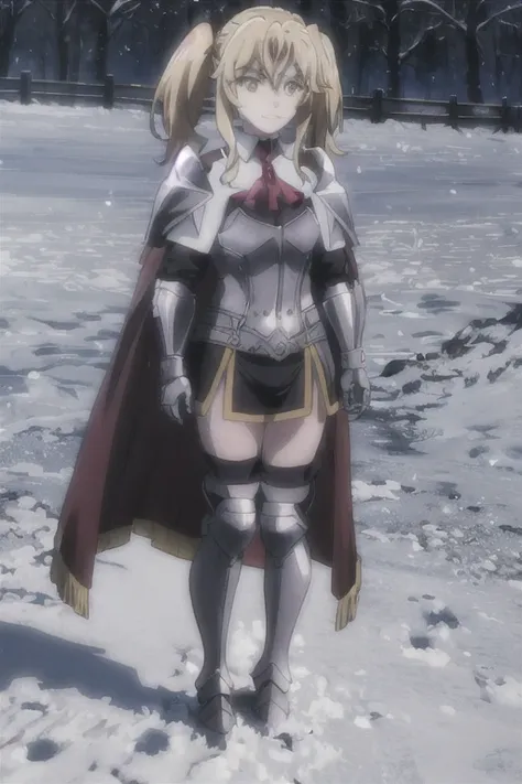 GoblinSlayer, NobleFencer, solo, girl1, looking at viewer, smile, brown eyes, cape, armor, full body view, shoulder armor, portrait, red ascot, snow, outdoor