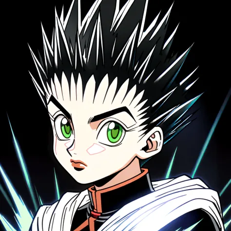 14 year old black spiky haircut boy with green eyes wearing black and white cultist clothes in hunter x hunter art style