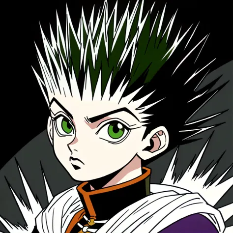 14 year old black spiky haircut boy with green eyes wearing black and white cultist clothes in hunter x hunter art style