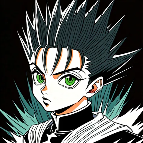 14 year old black spiky haircut boy with green eyes wearing black and white cultist clothes in hunter x hunter art style