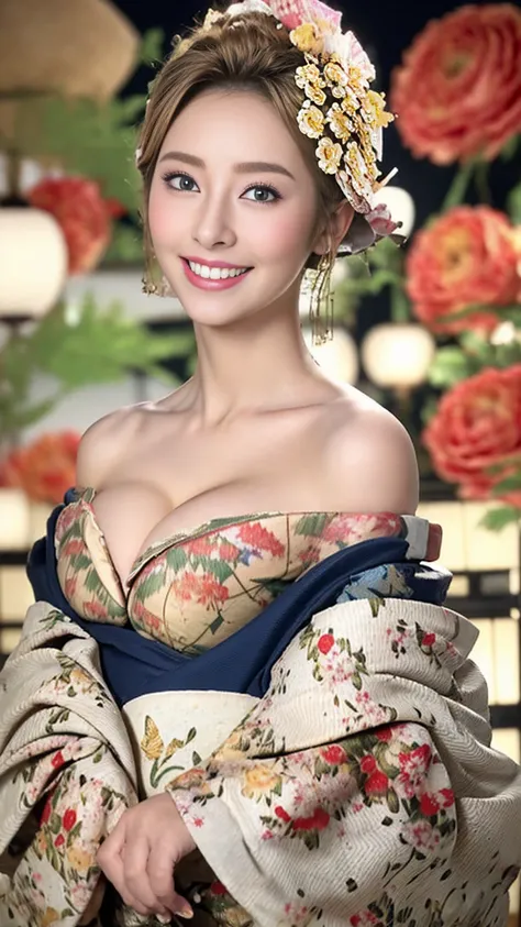 Realistic:1.8、blonde、Italian、Highest quality、1 Girl、,Glowing Skin、Professional Lighting,Realistic、Perfect body、super high quality、Ultra-high Realistic image quality、Japanese、(Off-the-shoulder short length floral pattern kimono:1.6)、(Cleavage:1.5)、Tight wai...