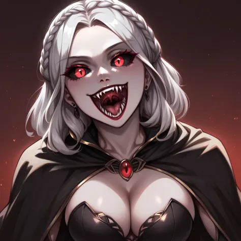 serana, 1girl, breasts, cleavage, solo, black_hair, braid, fangs, vampire, smile,  cape, medium_breasts, cleavage, black_sclera,...