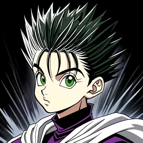 14 year old black haircut boy with green eyes wearing black and white cultist clothes in hunter x hunter art style