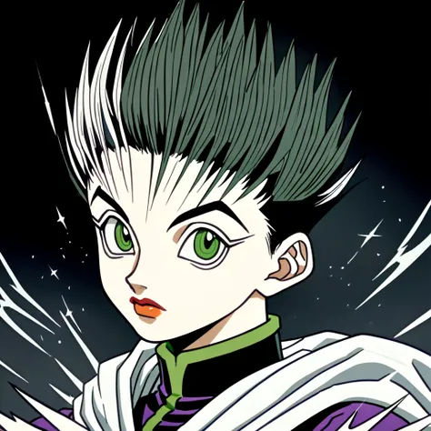 14 year old black haircut boy with green eyes wearing black and white cultist clothes in hunter x hunter art style