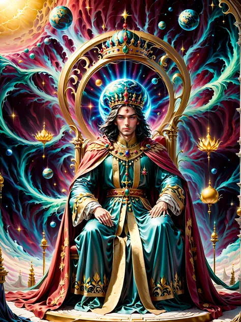 A royal figure in a lavish robe, adorned with a large crown, is seated on a throne. The setting is otherworldly and surreal, located in the vast expanse of space. The figure is perched on a miniature planet thats enveloped entirely by the rich fabric of th...