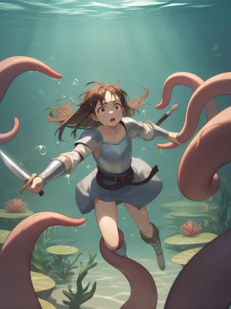 Partially underwater,最high quality,high quality, 4-year-old, , Long Hair, Brown Hair, Wet Hair, Flat Chest,Dark underground labyrinth,No light,Leather armor,Equipped with a dagger and a shield,Face above water,Body in water, Underwater Photography,The robe...