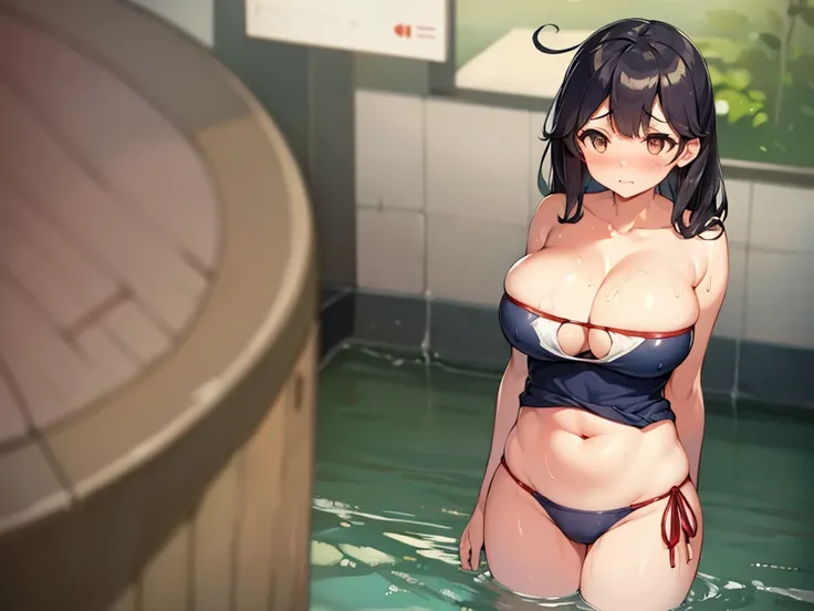 ((kancolle, ushio)), (((large breasts))), breast bags, ((outfit-midsummer swimsuit)), wet skin, double bust, groin, navel, cleavage, sunlight, from the center front, looking at the viewer, plump body, ((being stumpy, (short body, short legs, short arms))),...