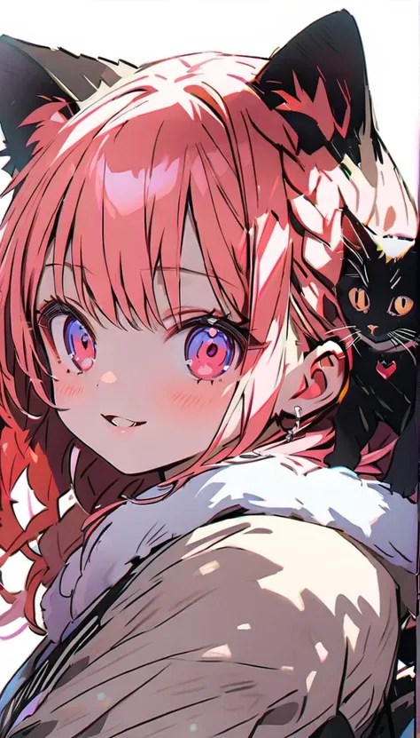 2female(kawaii,small kid,smile,hair floating,hair color dark red,long braid hair,eye color dark red,big eyes,white fur,red dress,breast,[cat ear]) AND 2female(small,cat,white fur,kitten), BREAK ,background(outside,beautiful garden,flower,duppled sunlight),...