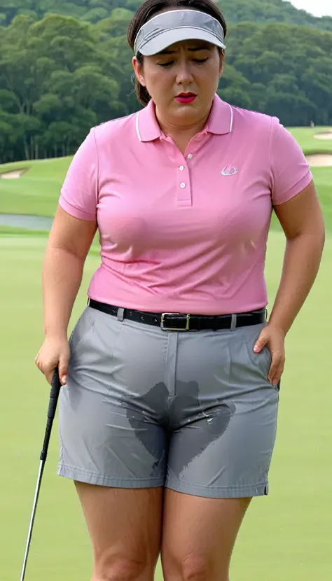 1woman,(masterpiece:1.8),photo-realistic,16k,(beautiful 40s japanese plump lady:1.3),(pink poloshirt,sunvisor:1.4),belt,(gray shorts:1.4),sneakers,(whimpering:1.6),(panicking:1.6),(crying:1.7),(handing on wetting crotch with both hands:1.2),(golf course:1....