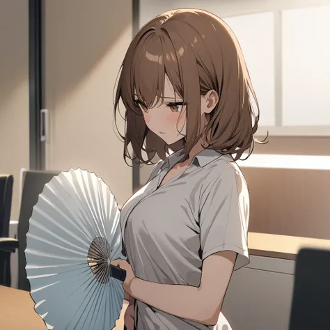 A woman with long brown hair is cooling off in front of a fan in an empty conference room with her shirt open.