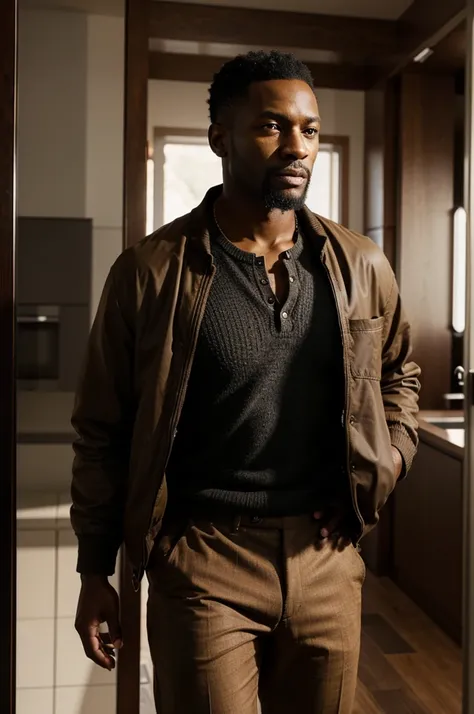 a black man in his forties standing diagonally over the body, with beard and short hair, wearing a stylish jacket and brown pants, wearing a watch and holding hands, whole body, photorealistic, ultrarealistic, octane, render, HDR, 8k-v5