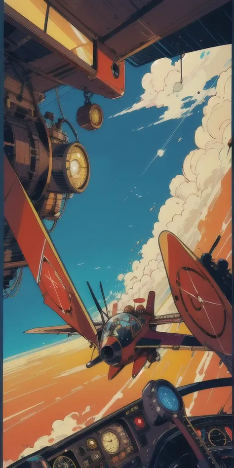 steampunkai, Veronica Mars as a pilot, in an airplane cockpit ,  Flying over the sea, steampunk, Victorian era,
Simple lines, Flat Color , Otomo Katsuhiro、Masamune Shirow、Studio Giribi、Yukito Kishiro
 