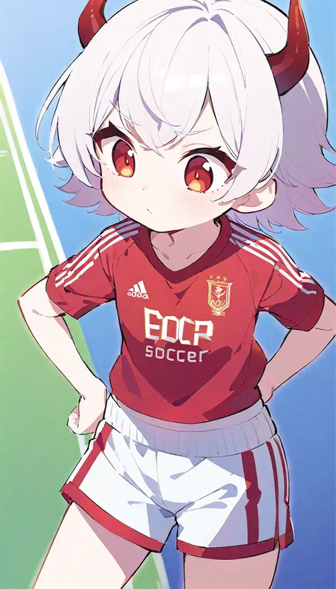 Teenage girl, devil girl, small red horns, white hair, short fluffy hair, big red eyes, pale skin, rosy cheeks, wearing a white deport soccer t-shirt with a red diagonal stripe across the chest, gold lines on the shoulders, white shorts with red lateral li...