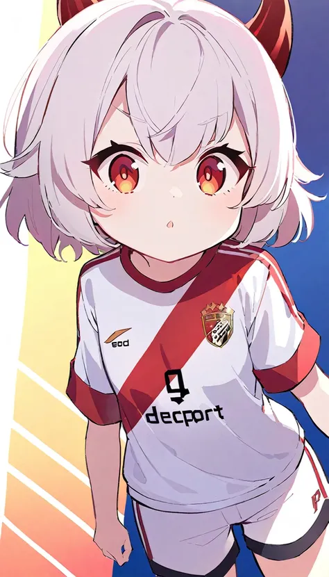 Teenage girl, devil girl, small red horns, white hair, short fluffy hair, big red eyes, pale skin, rosy cheeks, wearing a white deport soccer t-shirt with a red diagonal stripe across the chest, gold lines on the shoulders, white shorts with red lateral li...