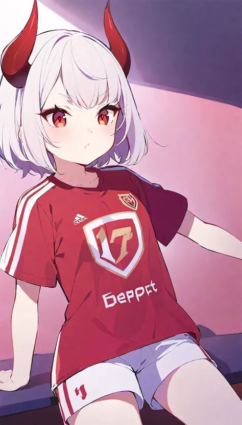 Teenage girl, devil girl, small red horns, white hair, short fluffy hair, big red eyes, pale skin, rosy cheeks, wearing a white deport soccer t-shirt with a red diagonal stripe across the chest, gold lines on the shoulders, white shorts with red lateral li...