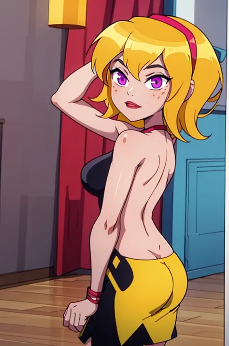 yellow hair, black dress, freckles, lipstick, big , purple eyes, Lucy Mann, big ass, seductive pose, solo, tight outfit, masterpiece, high quality, humanoid