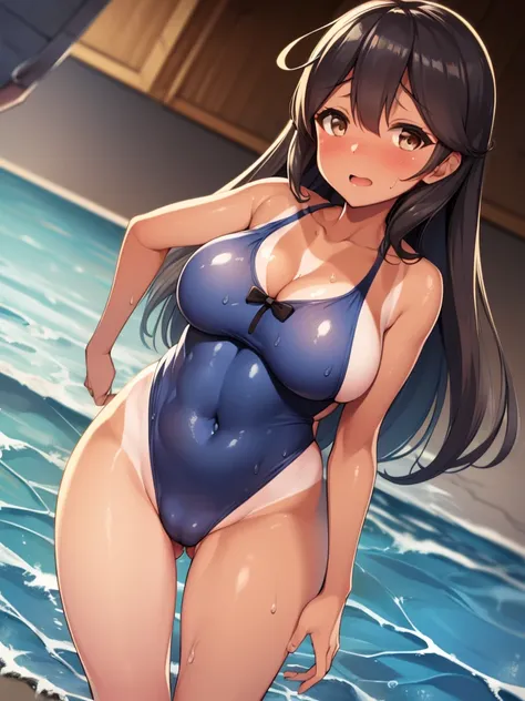 ((kancolle, ushio)), (((large breasts))), breast bags, ((one-piece tan, one-piece swimsuit)), wet skin, double bust, groin, navel, cleavage, sunlight, from the center front, looking at the viewer, plump body, ((being stumpy, (short body, short legs, short ...