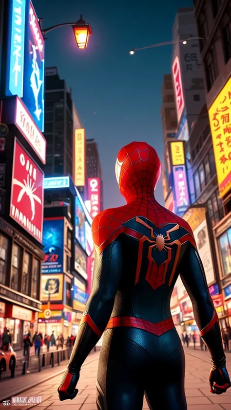 Spider - Man in a leather suit standing in a town at night, Estilo futurista Homem-Aranha, hero pose colorful city lighting, Armadura Samurai Completa Homem-Aranha, 8k render", Miles Morales, Retrato do Homem-Aranha, Miles Morales!!!, spider - estilo de ar...