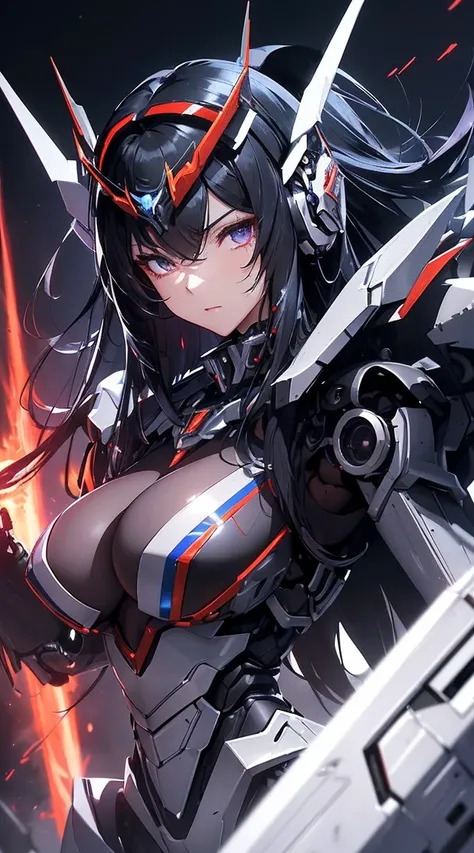 ((Shining lenses on both breasts:1.3))、((Pillars of red light radiate from both chests..:1.3))、((Attack pose:1.6))、((He has a red sword and a long rifle:1.6))、((Battle Scenes:1.8))、((8K)), ((32k)), ((Highest quality)), ((masterpiece)), ((超A high resolution...