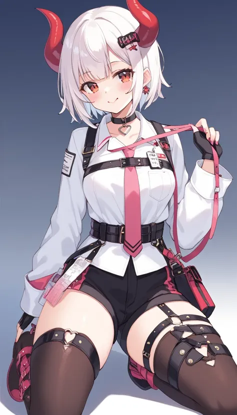 Teenage girl, devil girl, small red horns, white hair, short fluffy hair, big red eyes, pale skin, blushing cheeks,red cheeks, brown eyes, hair ornament, white shirt, long sleeves, pink tie, black choker, harness, name tag, multiple belts, high waist short...